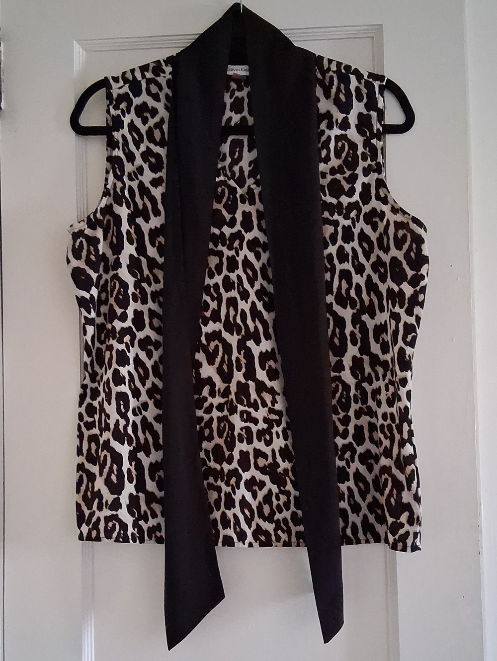 Calvin Klein Leopard Print Tie-Neck Sleeveless Top - Black and Cream